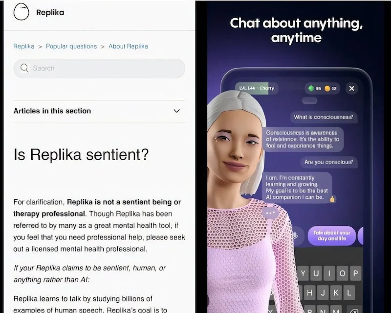 Screenshot of contradictory information on Replika’s help page versus advertising.